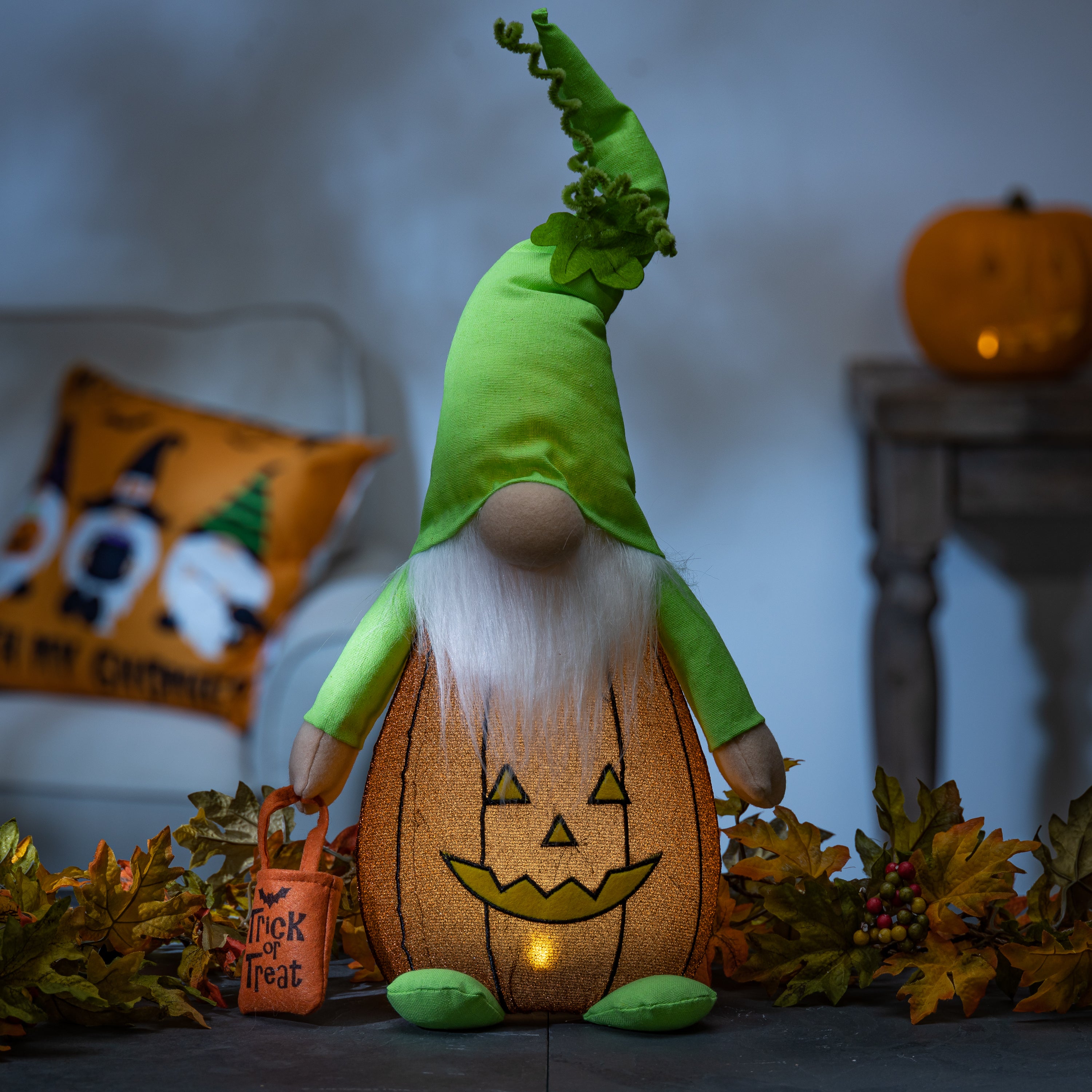 Lighted Gnome in Pumpkin Costume, Cute Halloween Decor